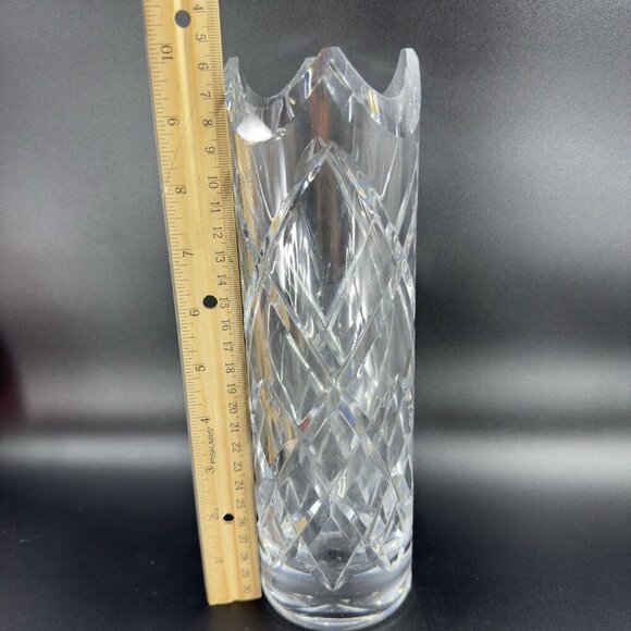 Vintage Ceska Clear Cylinder Crystal Glass Vase Cut Top Edges Czechoslovakia VTG - Picture 4 of 14